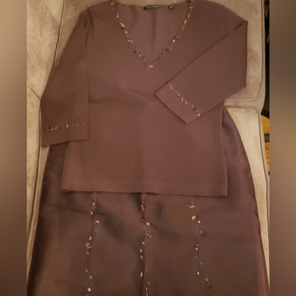 TAHARI Embellished Organza Outfit Set Skirt Matching Top Chocolate Brown Sz 4
